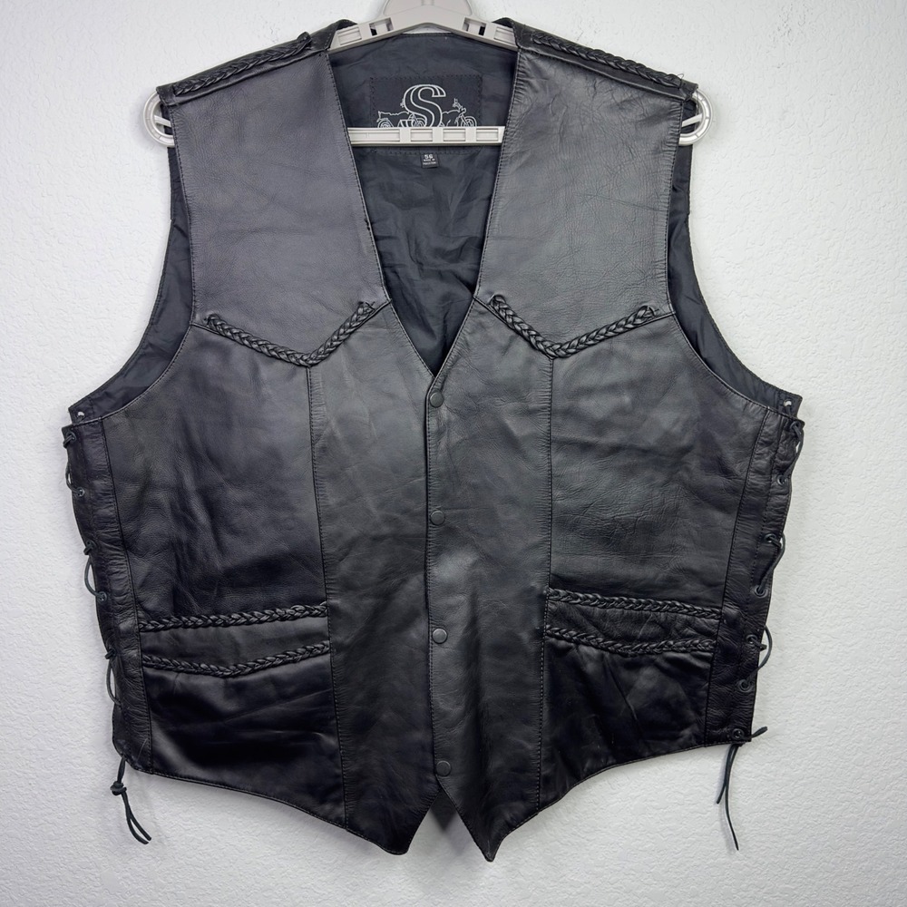 Shaf Leather Vest Mens‎ 56 Black Braided Lace-Up Snap Motorcycle Biker Grunge